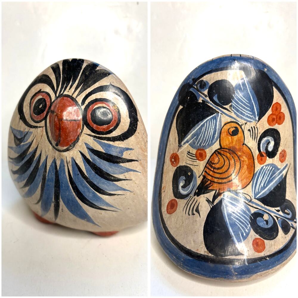 Vintage Tonala Mexican Folk Art Owl Figurine Hand Painted Ceramic AS IS